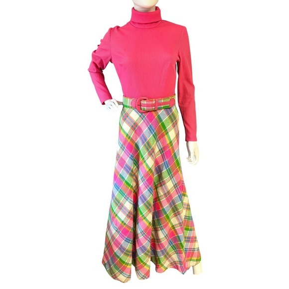 Vintage 60s 70s mod Pink Turtleneck Plaid Maxi Dress One piece Belted Retro - Picture 4 of 11